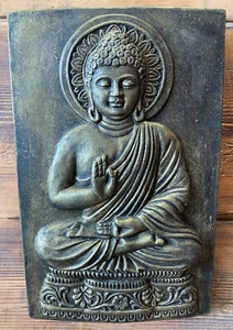 STONE GARDEN GOLD BRONZED BUDDHA ORIENTAL WALL PLAQUE HANGING GIFT ORNAMENT - Picture 1 of 2
