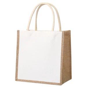 Damen Sackleinen Jute Tragetasche Kontrastfarbe Canvas Damen Einkaufstasche (quadratisch) - Bild 1 von 7