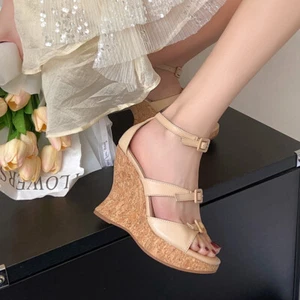 Womens Round Toes Thick Heels Slope Heel Sandals Ultra High Heels Roman Shoes - Picture 1 of 22