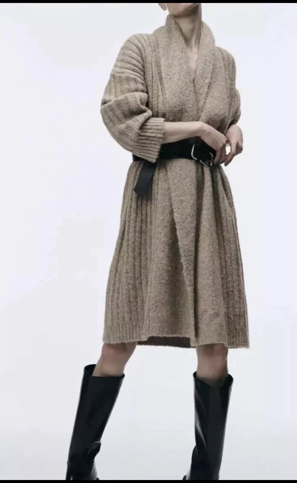 ZARA BEIGE OVERSIZED RIBBED KNIT COAT LONG CARDIGAN SIZE S - Image 1 of 3