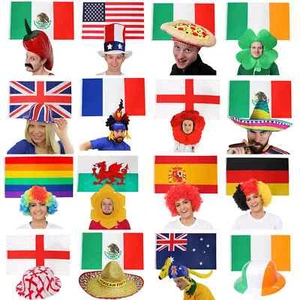 WORLD FLAGS & HATS FUNNY SUPPORTERS SET NATIONAL SPORTS RUGBY FANCY DRESS LOT - Picture 1 of 2
