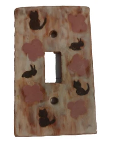 Vintage HANDMADE Ceramic Light single Switch Plate Cover Cat Bunny Pink 4.25x2.5 - Picture 1 of 3
