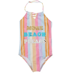 Teen Girls Jessica Simpson Swimsuit Multi Stripe Sequin More Beach Please Pastel - Picture 1 of 2