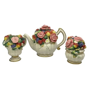 Fitz & Floyd Strawberries & Roses Teekanne mit Milchkännchen und Zuckerlöffel Vintage - Bild 1 von 15