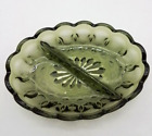 Beautiful Vintage Green Glass Divided Dish Scalloped Edges Oval Relish Tray Bowl