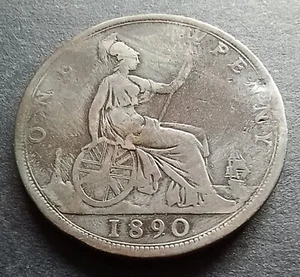 1890 Penny - Queen Victoria Bun Head - British Bronze Coin - Picture 1 of 2