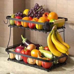 2 Tier Fruit Basket & Banana Hangers, Detachable Metal Bowl for Kitchen Storage - Picture 1 of 7