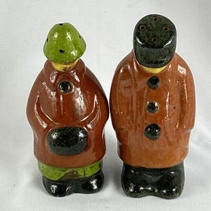 Man Woman Salt and Pepper Shakers Brown Trench Coats 4” Porcelain - Picture 1 of 7