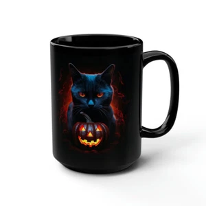 Halloween schwarze Katze und Kürbis schwarz Keramik Kaffeebecher, 11oz oder 15oz Geschenk - Bild 1 von 16