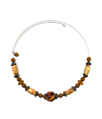 Collar Gargantilla Vintage Tribal Marrón-Tostado Madera y Piedra Imitada Alambre Cuentas 17" Boho Foto 1 de 4