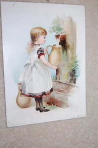 VINTAGE TRADE CARD 3 JUNGE MÄDCHEN FÜLLENDER WASSERKRUG WOOLSON SPICE CO - Bild 1 von 5