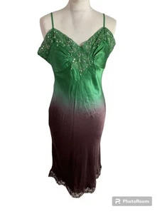 VTG 90s Y2K silk satin ombré effect green brown strappy slip dress UK 14 16 - Picture 1 of 8