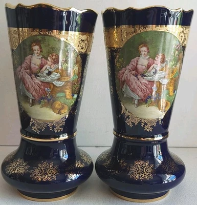 Vintage Lot2 Imperial Limoges Cobalt Fragonard Courting Couple 22K Gold 9.5"Vase - Image 1 of 4