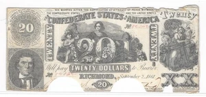 T-20 1861 $20 Confederate Currency Real Civil War Money Note Alexander Stephens - Picture 1 of 2