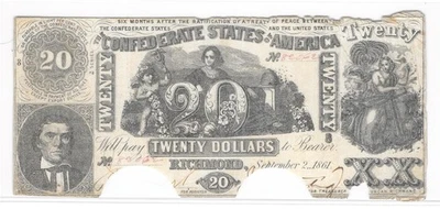 T-20 1861 $20 Confederate Currency Real Civil War Money Note Alexander Stephens - Image 1 of 2