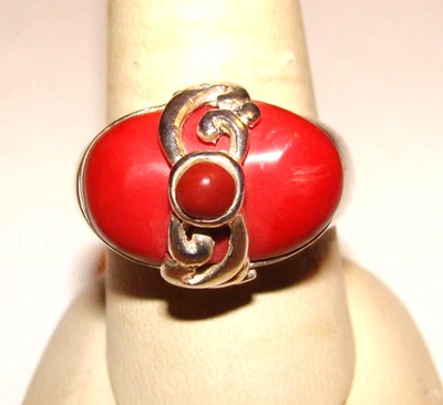 Bold Deco Style Sterling Silver Red Stone & Red Coral Ethnic Style Ring SZ 8.75 - Image 1 of 4