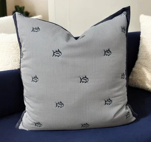 Southern Tide Blue Pinstripe Embroidered fish Square Zippered Throw Pillow NWOT - Picture 1 of 5