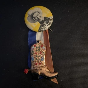 Vtg Roy Roger Button Red White Blue Ribbon W/ Copper Boot Pin - Picture 1 of 14