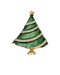 Eisenberg Ice Christmas Tree Brooch, Green Enamel, Clear Rhinestone Pin C588 - Picture 1 of 9