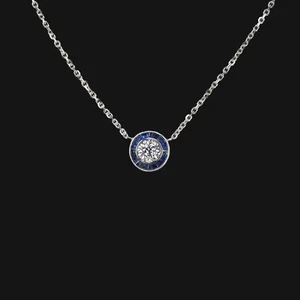 OLD EUROPEAN CUT DIAMOND SAPPHIRE PENDANT NECKLACE VINTAGE STYLE ART DECO HALO - Picture 1 of 2