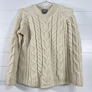 Aran Woollen Mills Sweater Mens Medium Cream Merino Cable Knit Made in Ireland - Picture 1 of 9