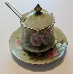 Lefton Vintage China Heritage Rose Green Jam Server And Plate #1152 - Picture 1 of 5
