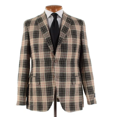 Belvest NWT Linen Two Piece Suit Size 50R (40R US) In Beige, Black & Red Plaid - Image 1 of 4
