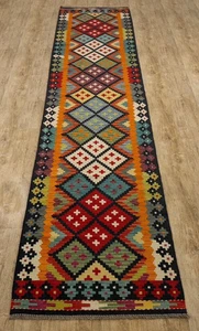Echter bunter handgefertigter afghanischer/türkischer Kelim Läufer Wollteppich, Größe 403x83 CM - Bild 1 von 5