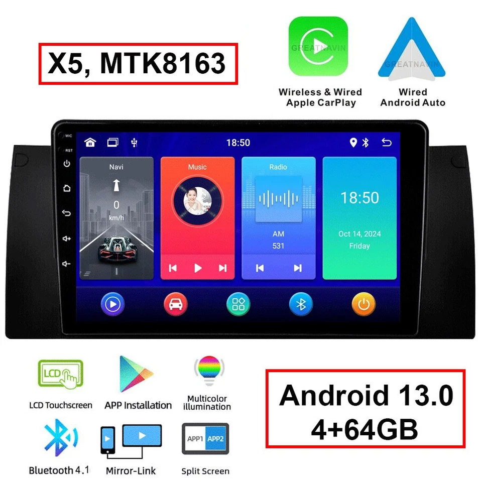 Autoradio CarPlay für BMW 5er E39 Video GPS Navigation DAB+ Bluetooth WiFi 4+64G - Bild 1 von 4