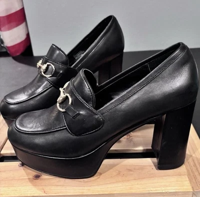 Steve Madden Cenicienta Mujer 9M Negro Cuero Plataforma Mocasín Grueso Tacón Bloque Foto 1 de 4