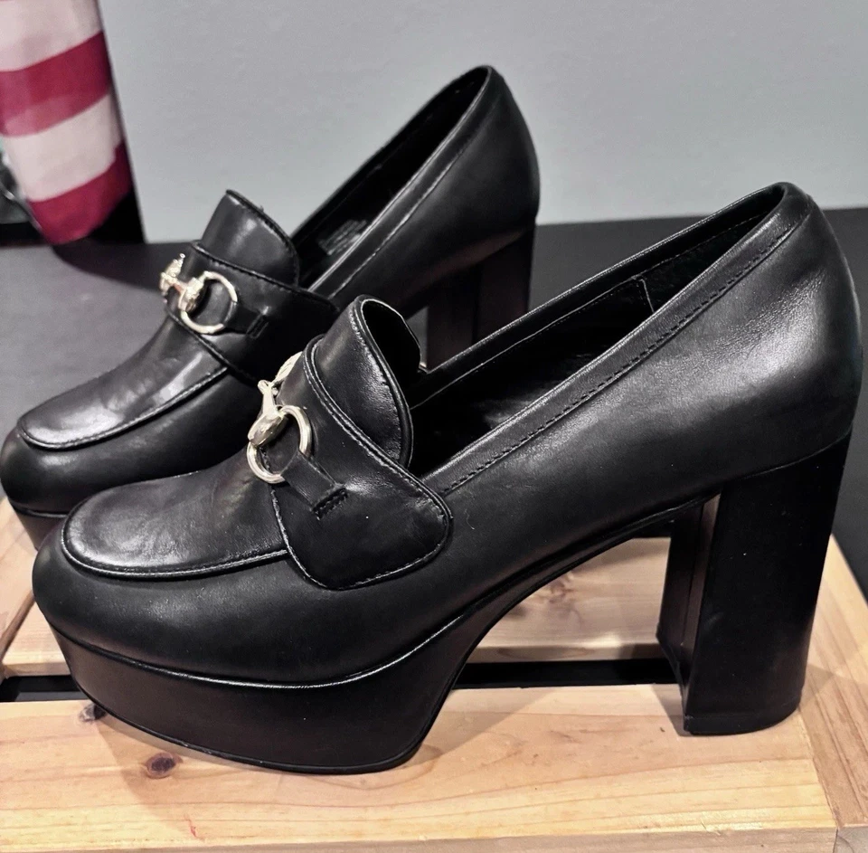 Steve Madden Cenicienta Mujer 9M Negro Cuero Plataforma Mocasín Grueso Tacón Bloque Foto 1 de 4