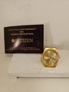 Vintage Citizen CQ Quartz Uhr Herren 1102-R12543-RC Day Date goldfarben SS Band  - Bild 1 von 6