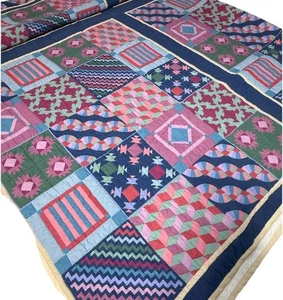 Vintage Handgesteppt Bedruckt Patchwork Quilt Queen Geometrisch Retro Decke 90d - Bild 1 von 10
