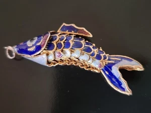 Antik Anhänger Beweglicher Gliederfisch Cloisonne Emaille Blau- gold - Bild 1 von 8