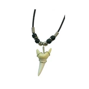 12 LARGE SHARK TOOTH PENDANT ON BLACK ROPE NECKLACE SILVER BEADS men women #448 - Picture 1 of 1