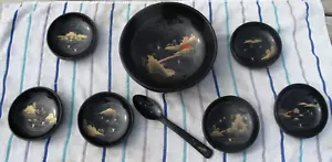 Vtg MIYUKI AIZU 8 piece Set Japanese Black Lacquerware Salad Bowls Home Decor - Picture 1 of 16