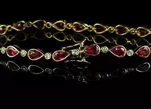 5 Karat birnengeschnittenes Labor erstellt rot Rubin/Diamant Tennisarmband 14K gelb vergoldet - Bild 1 von 7