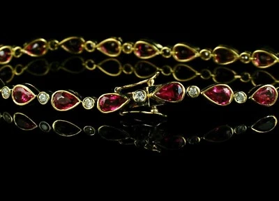 5Ct Pear Cut Lab Created Red Ruby/Diamond Tennis Bracelet 14K Yellow Gold Plated - Image 1 of 4