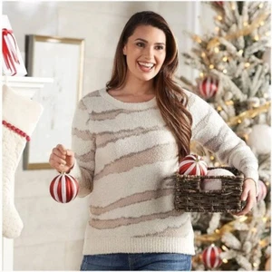 Suéter Pullover Barefoot Dreams Acogedor Elegante Mar Cuello Redondo Crema Cebra Talla XL - Imagen 1 de 5