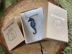 Hand made blue copper enamel seahorse pendant on pale blue leather cord - Picture 1 of 4