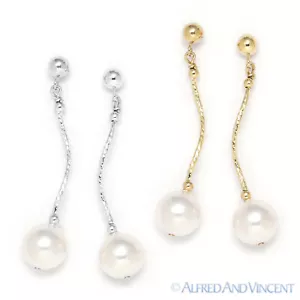 8mm Freshwater Cultured Pearl Dangling Drop Earrings in 14k Yellow or White Gold - Picture 1 of 3