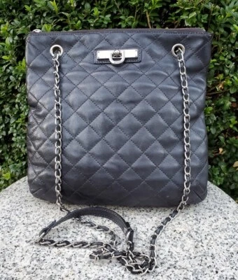 DKNY Quilted Gray Leather Chain Tote Handbag - Image 1 of 4