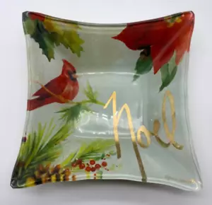 208 Park Christmas Glass Candy Dish 5" Square Noel Red Bird Cardinal, Gold Back - Picture 1 of 5