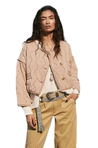 Free People Gwynnie Quilted Boxy Cotton Jacket in Champagne Diamonds Size M - Picture 1 of 7