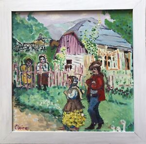 original oil painting Ukrainian village with Gypsies and children Cernohlava