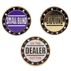 3PCS Poker Chips, Small Blind Big Blind and Dealer Metal Buttons for Craps Texas - Picture 1 of 6