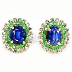 925 STERLING SILVER STUD EARRING NATURAL BLUE KYANITE & GREEN EMERALD GEMSTONE - Picture 1 of 10
