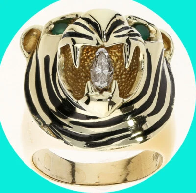 Anillo Tigre Esmalte Esmeralda Diamante Claridad 0,45CT VS Talla 7 3/4 YG 19,3 GM Foto 1 de 4