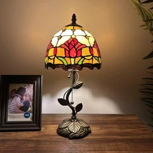 Tiffany Style Table Lamp Stained Glass Red Tulips LED Bulb Include 8"W*8"D*16"H - Picture 1 of 6