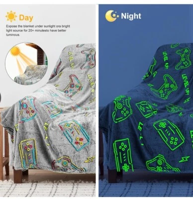 Glow In The Dark Flannel Blanket With Game Controller Design Throw 50" x 60" - Image 1 of 4